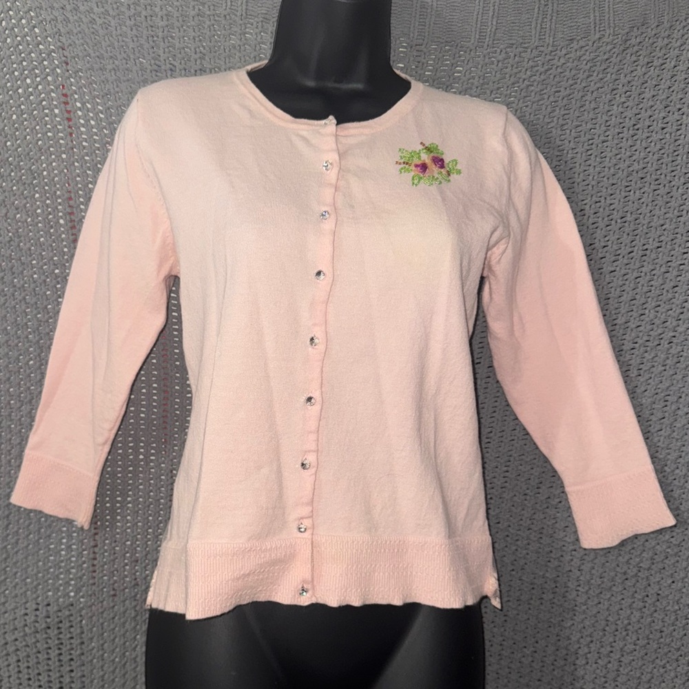 Women Pink Ramie 3/4 Sleeve Buttons Front Casual Cardigan Sweater Lace Back M